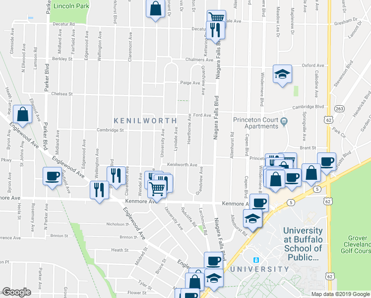 map of restaurants, bars, coffee shops, grocery stores, and more near 116 Hawthorne Avenue in Buffalo