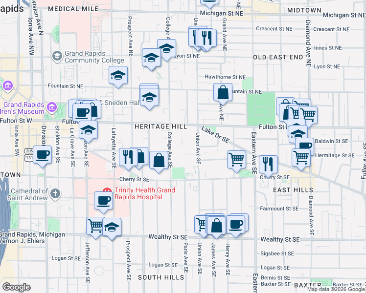 map of restaurants, bars, coffee shops, grocery stores, and more near 50 College Avenue Southeast in Grand Rapids