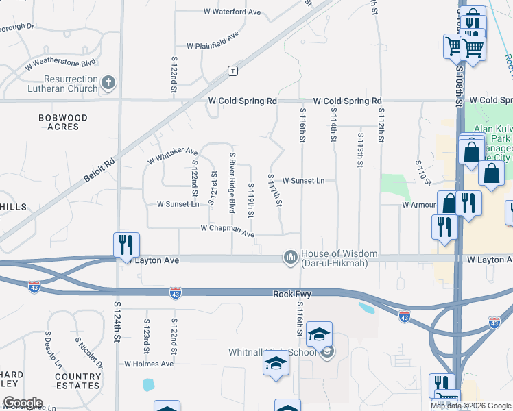 map of restaurants, bars, coffee shops, grocery stores, and more near 4550 South 119th Street in Greenfield