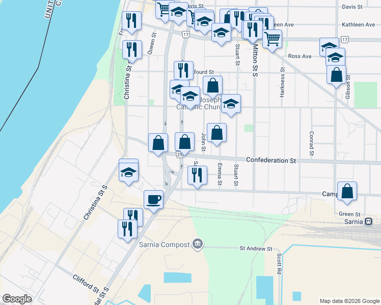 map of restaurants, bars, coffee shops, grocery stores, and more near 312 Confederation Street in Sarnia