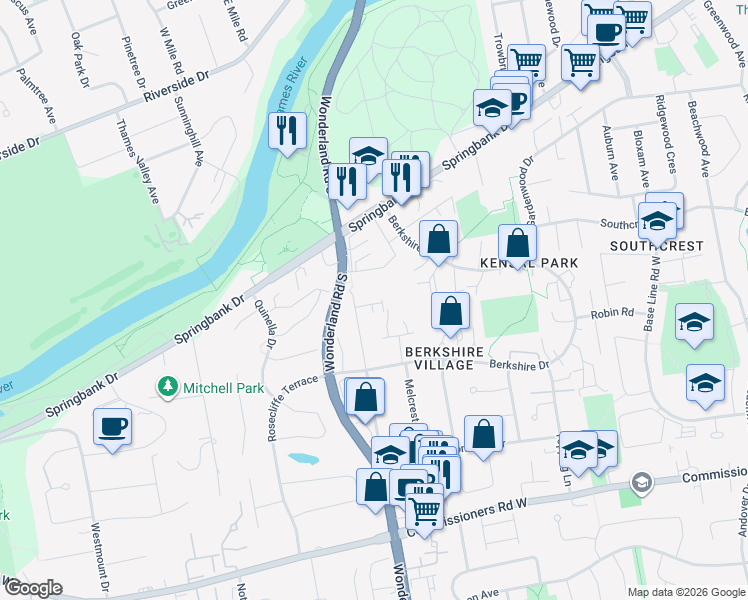map of restaurants, bars, coffee shops, grocery stores, and more near 414 Old Wonderland Road in London