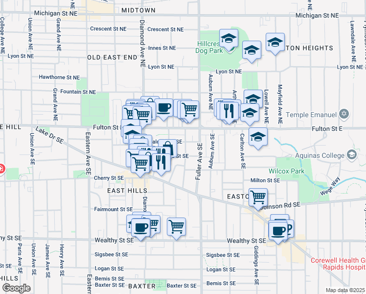 map of restaurants, bars, coffee shops, grocery stores, and more near 41 Fitzhugh Avenue Southeast in Grand Rapids