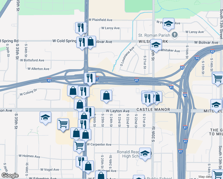 map of restaurants, bars, coffee shops, grocery stores, and more near 4529 South 23rd Street in Milwaukee