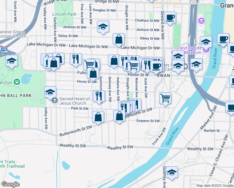 map of restaurants, bars, coffee shops, grocery stores, and more near 840 Watson Street Southwest in Grand Rapids
