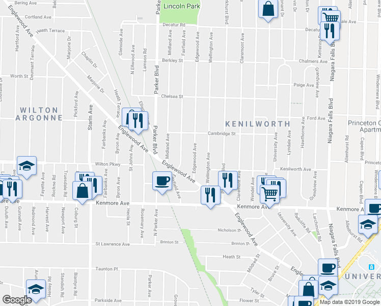 map of restaurants, bars, coffee shops, grocery stores, and more near 64 Edgewood Ave in Buffalo