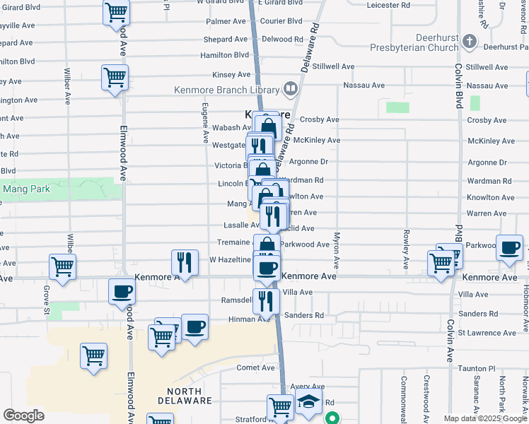map of restaurants, bars, coffee shops, grocery stores, and more near 2842 Delaware Avenue in Kenmore