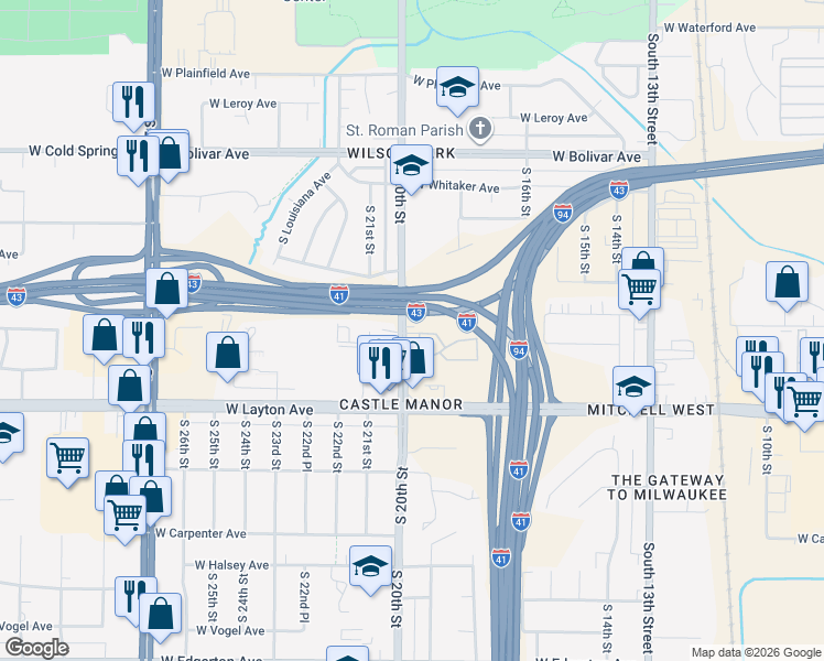 map of restaurants, bars, coffee shops, grocery stores, and more near 4564A South 20th Street in Milwaukee