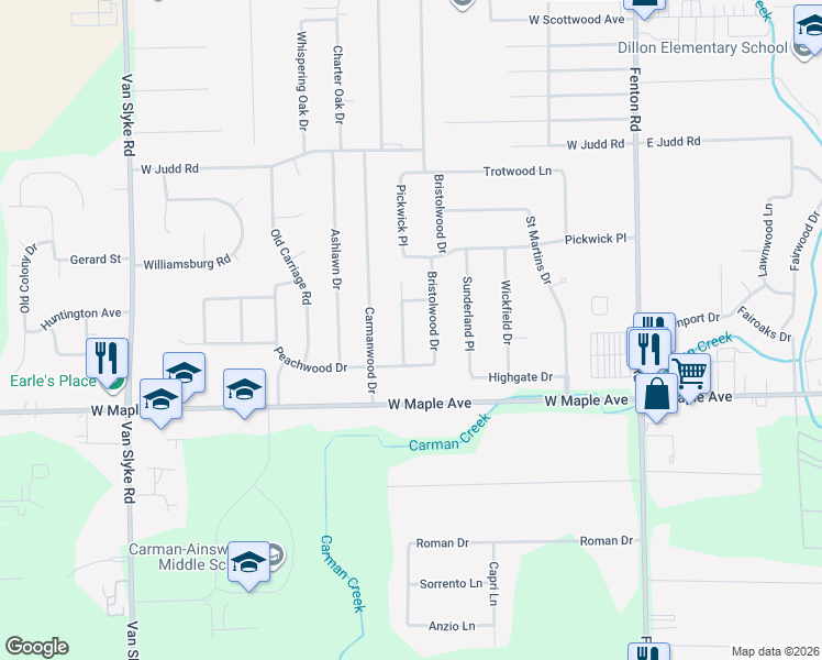 map of restaurants, bars, coffee shops, grocery stores, and more near 4451 Cherrytree Lane in Flint