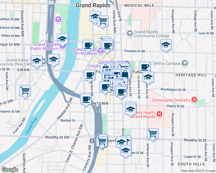 map of restaurants, bars, coffee shops, grocery stores, and more near 59 Commerce Avenue Southwest in Grand Rapids