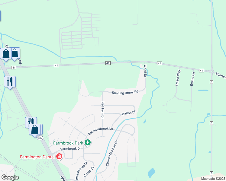 map of restaurants, bars, coffee shops, grocery stores, and more near 5742 Running Brook Road in Farmington