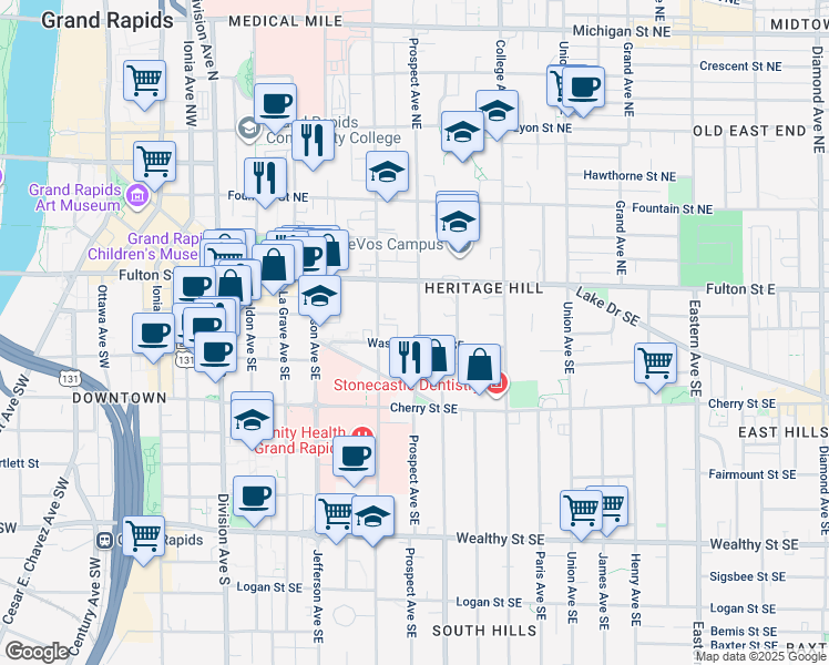 map of restaurants, bars, coffee shops, grocery stores, and more near 49 Prospect Avenue Southeast in Grand Rapids
