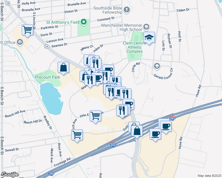 map of restaurants, bars, coffee shops, grocery stores, and more near 1050 South Willow Street in Manchester