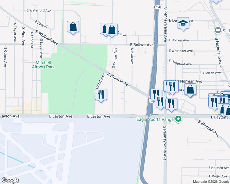 map of restaurants, bars, coffee shops, grocery stores, and more near 4554 South Kansas Avenue in Saint Francis