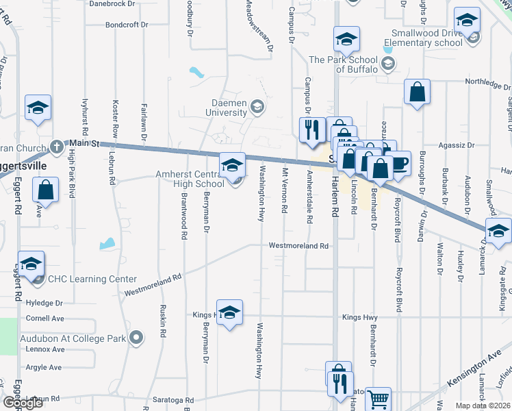map of restaurants, bars, coffee shops, grocery stores, and more near 73 Washington Highway in Buffalo