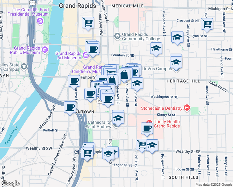 map of restaurants, bars, coffee shops, grocery stores, and more near 55 Sheldon Avenue Southeast in Grand Rapids