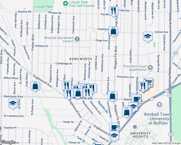map of restaurants, bars, coffee shops, grocery stores, and more near 343 University Avenue in Buffalo