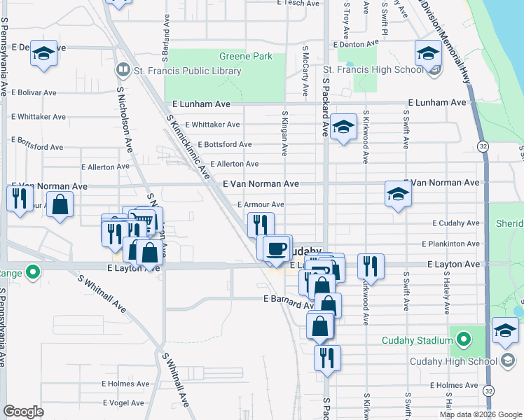 map of restaurants, bars, coffee shops, grocery stores, and more near 3435A East Armour Avenue in Cudahy