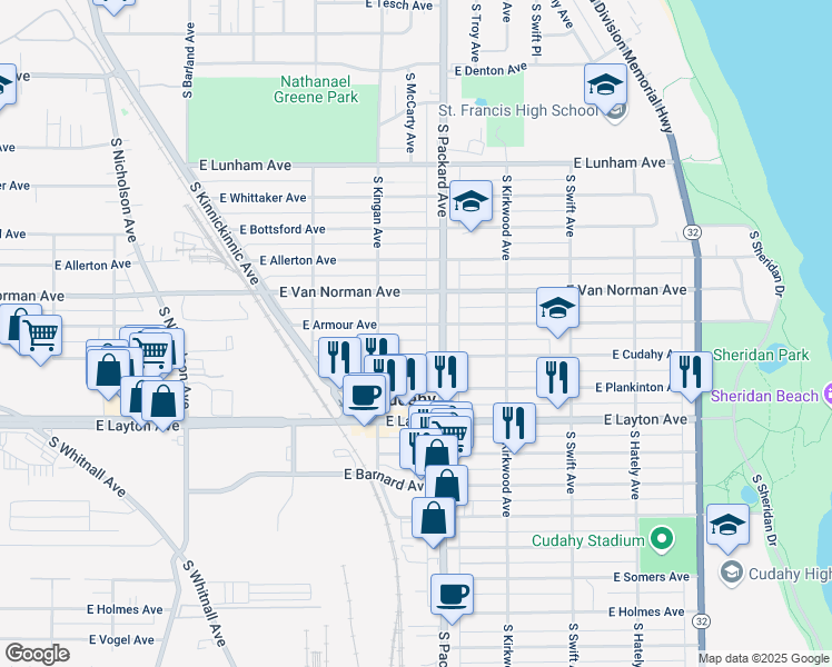 map of restaurants, bars, coffee shops, grocery stores, and more near 3547 East Armour Avenue in Cudahy