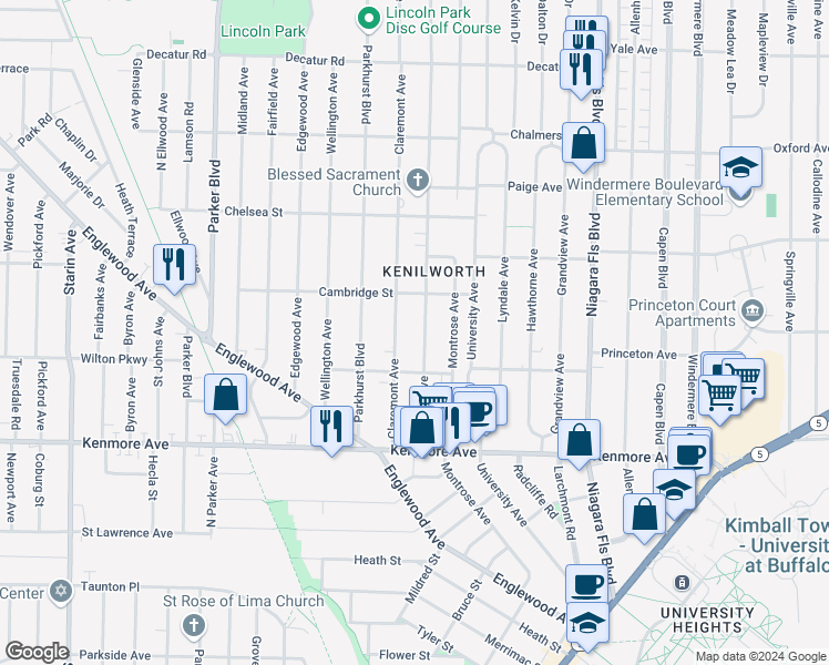 map of restaurants, bars, coffee shops, grocery stores, and more near 113 Claremont Avenue in Buffalo