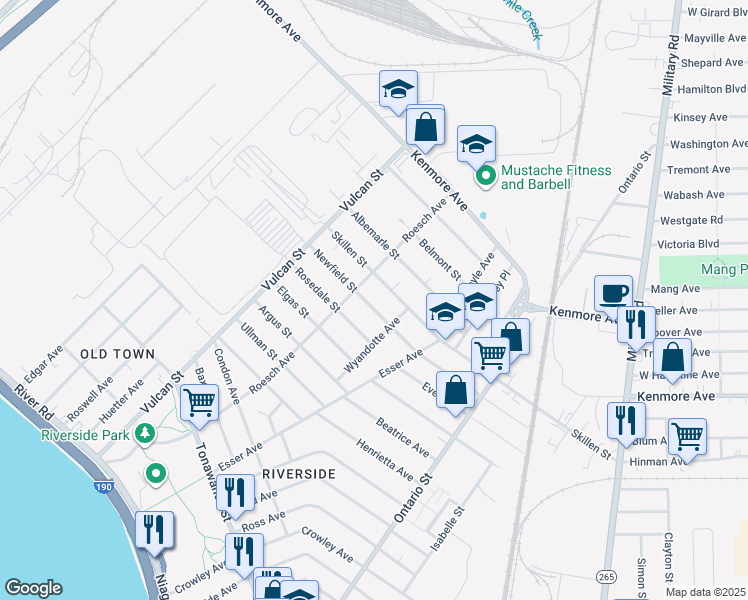 map of restaurants, bars, coffee shops, grocery stores, and more near 225 Newfield Street in Buffalo