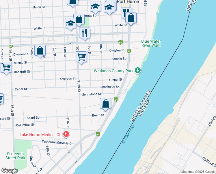 map of restaurants, bars, coffee shops, grocery stores, and more near 730 Jenkinson Street in Port Huron