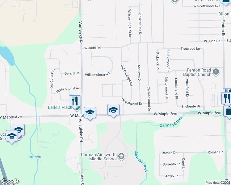 map of restaurants, bars, coffee shops, grocery stores, and more near 1411 Peachwood Drive in Flint