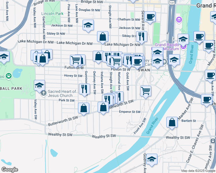 map of restaurants, bars, coffee shops, grocery stores, and more near 101 Straight Avenue Northwest in Grand Rapids
