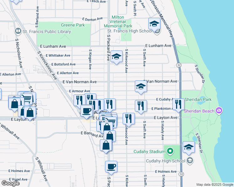 map of restaurants, bars, coffee shops, grocery stores, and more near 4556-56A South Packard Avenue in Cudahy