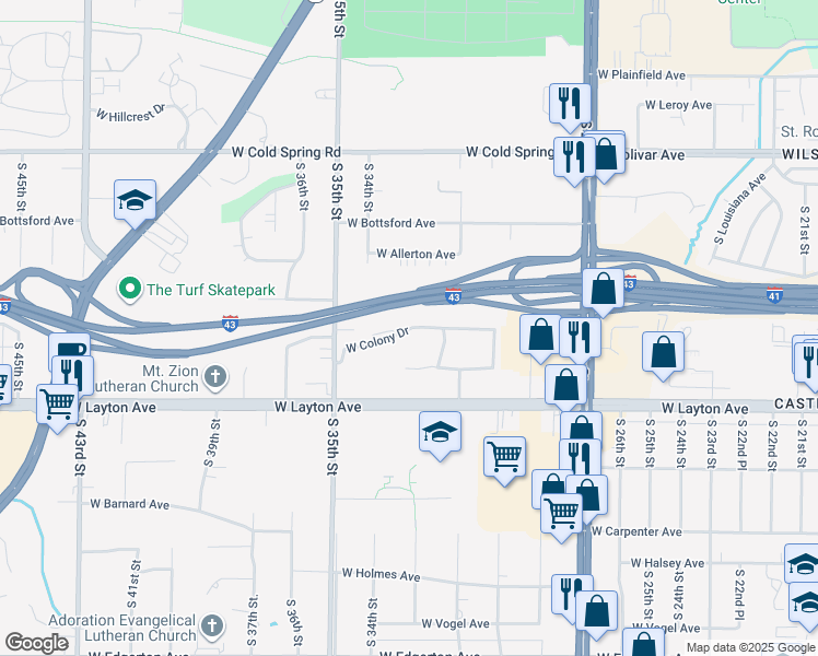 map of restaurants, bars, coffee shops, grocery stores, and more near 3231w West Colony Drive in Greenfield
