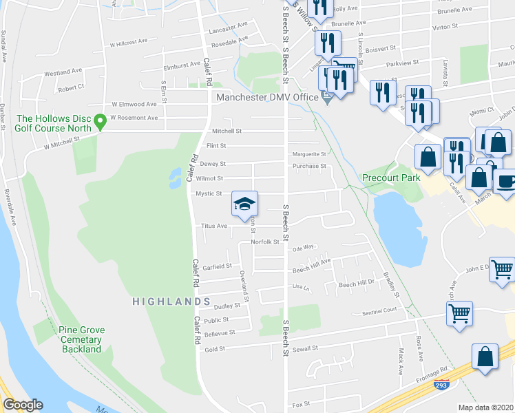 map of restaurants, bars, coffee shops, grocery stores, and more near 100 Cameron Street in Manchester