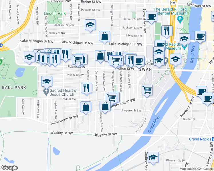 map of restaurants, bars, coffee shops, grocery stores, and more near 822 Watson Street Southwest in Grand Rapids
