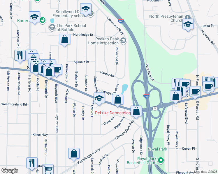 map of restaurants, bars, coffee shops, grocery stores, and more near 55 Rankin Road in Buffalo