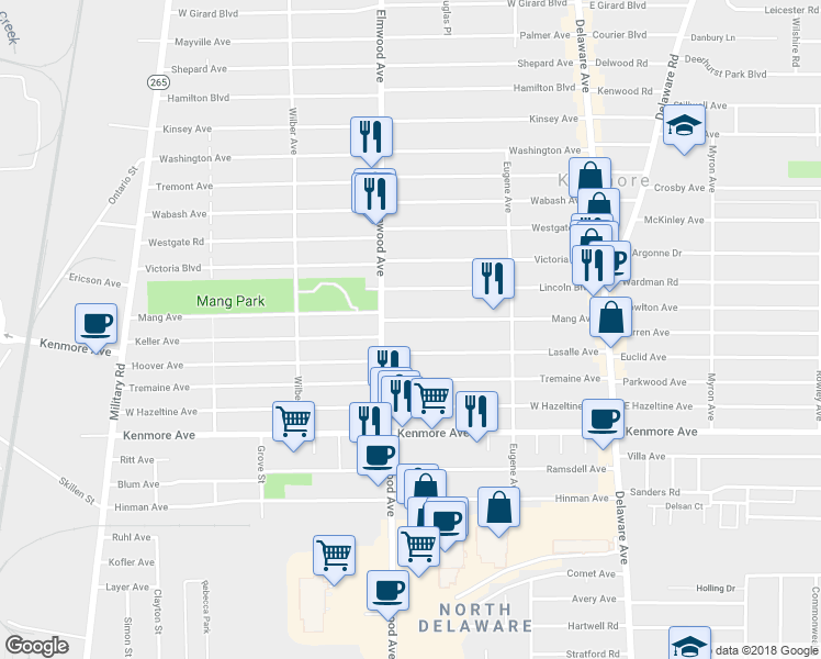 map of restaurants, bars, coffee shops, grocery stores, and more near 200 Mang Avenue in Buffalo