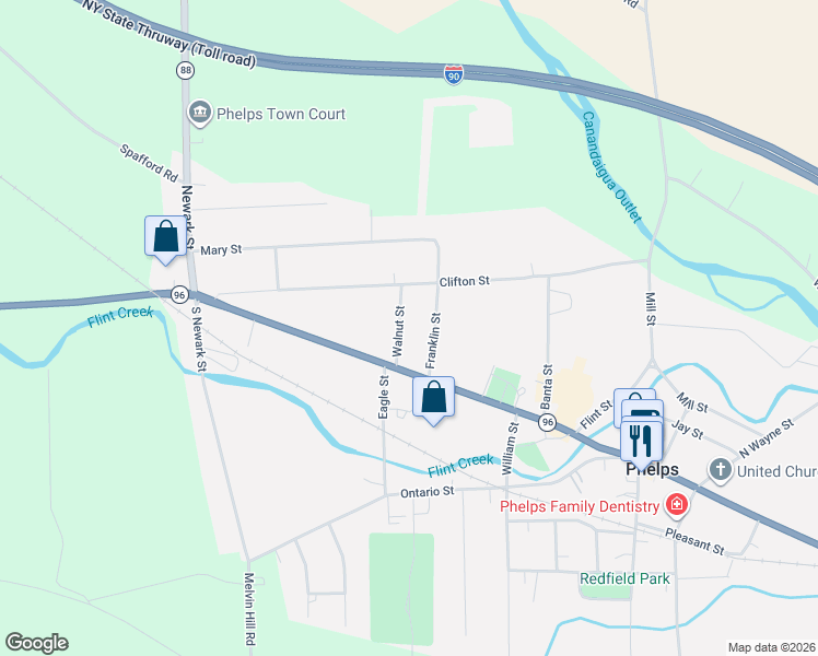 map of restaurants, bars, coffee shops, grocery stores, and more near 12 Walnut Street in Phelps