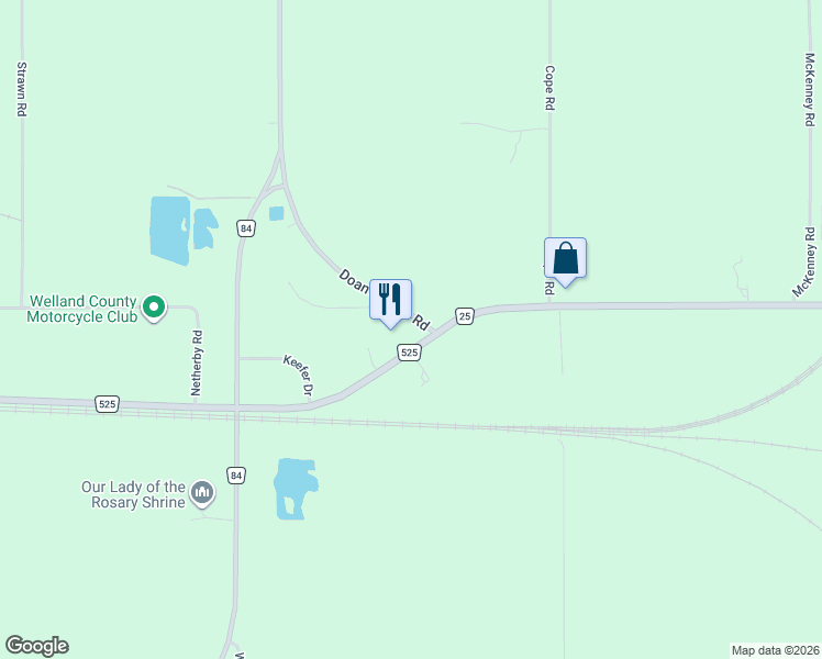 map of restaurants, bars, coffee shops, grocery stores, and more near 817 Doan's Ridge Road in Welland