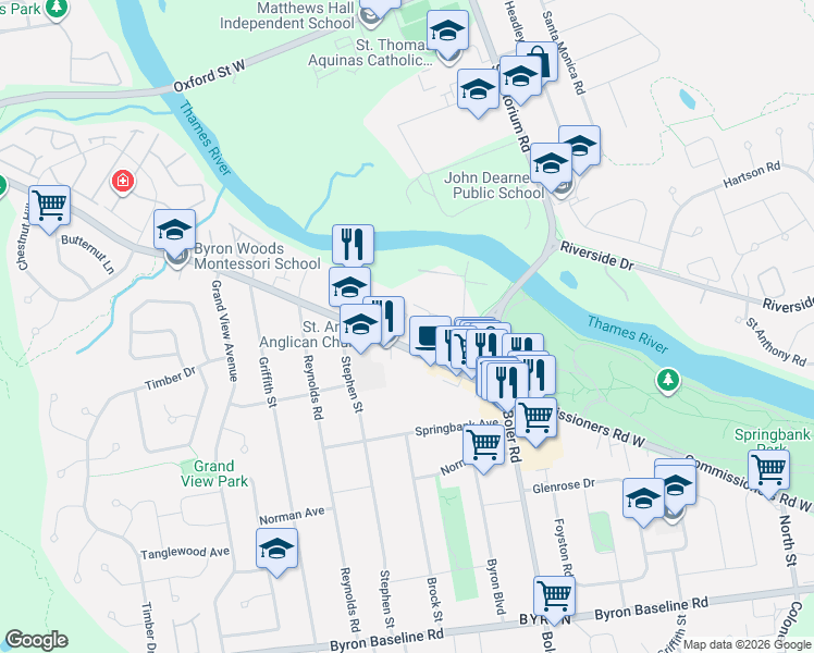 map of restaurants, bars, coffee shops, grocery stores, and more near 1331 Commissioners Road West in London