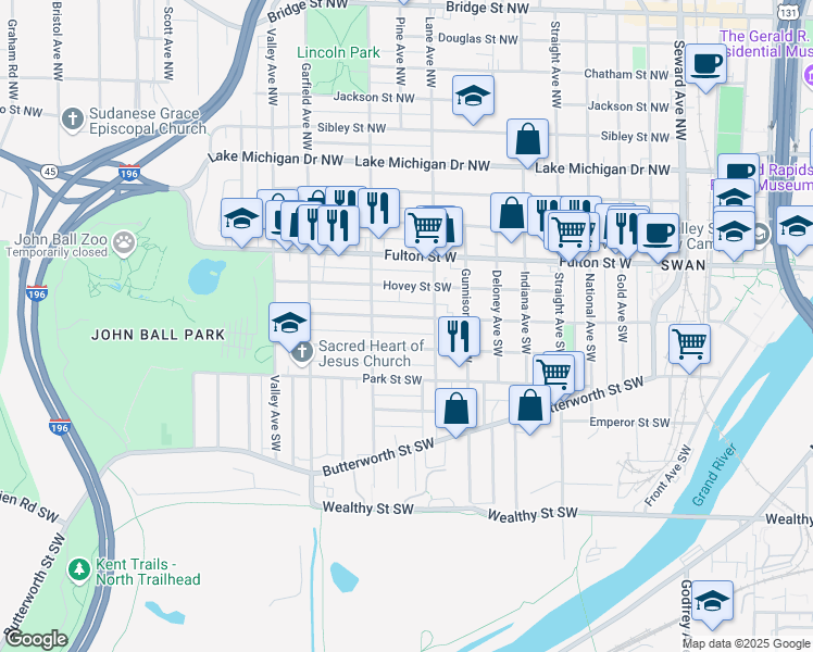 map of restaurants, bars, coffee shops, grocery stores, and more near 1026 Watson Street Southwest in Grand Rapids