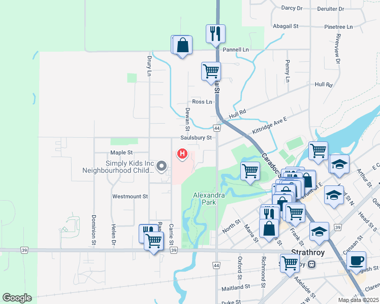 map of restaurants, bars, coffee shops, grocery stores, and more near 428 Victoria Lane in Strathroy