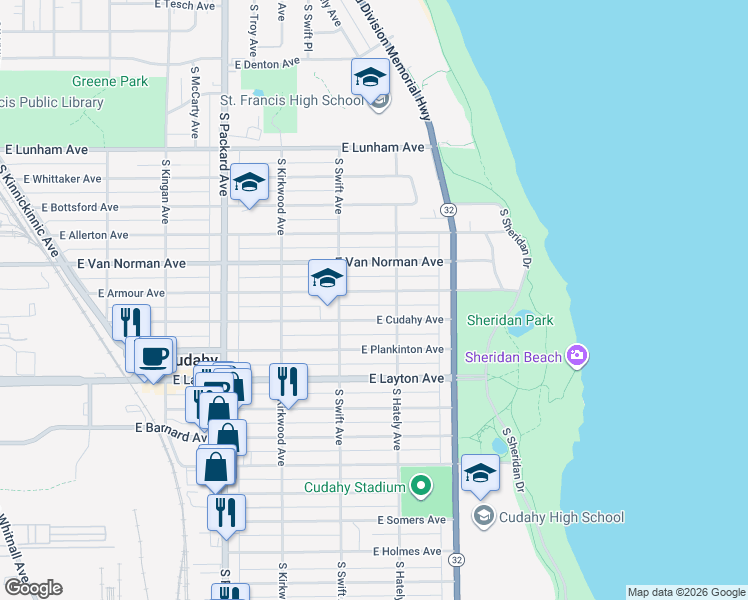 map of restaurants, bars, coffee shops, grocery stores, and more near 3847A East Armour Avenue in Cudahy