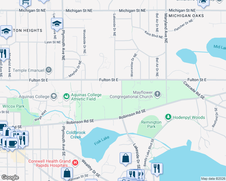 map of restaurants, bars, coffee shops, grocery stores, and more near 45 Lakeside Drive Northeast in Grand Rapids