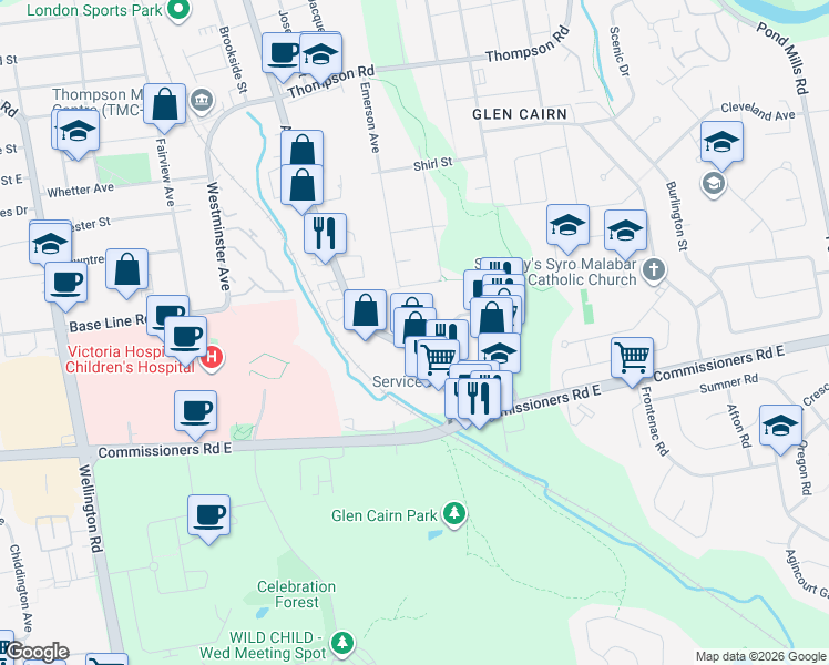 map of restaurants, bars, coffee shops, grocery stores, and more near 284 Adelaide Street South in London