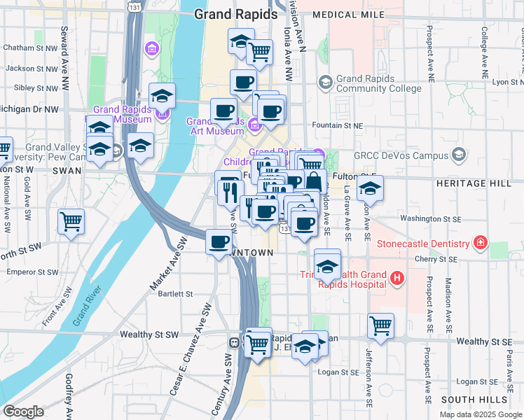map of restaurants, bars, coffee shops, grocery stores, and more near 65 Ionia Avenue Southwest in Grand Rapids