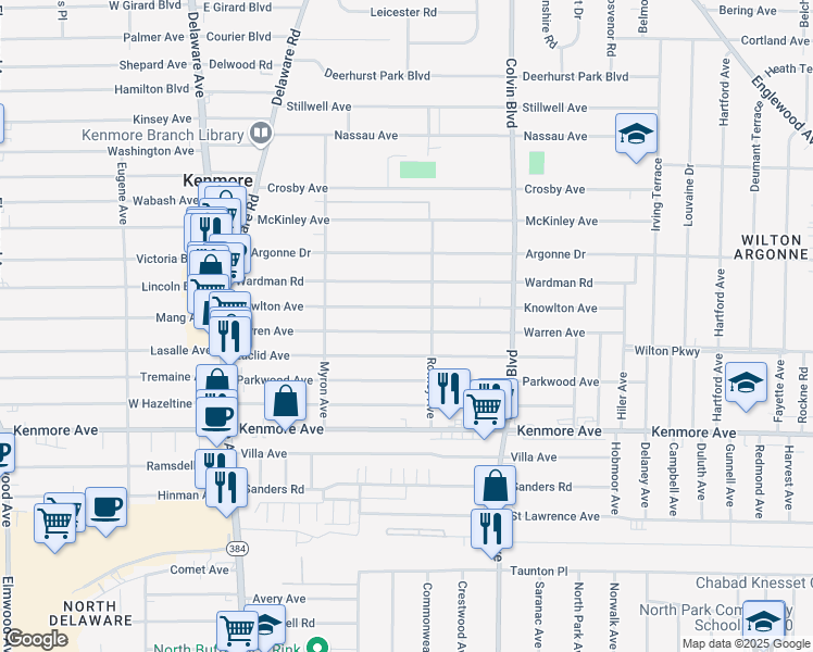 map of restaurants, bars, coffee shops, grocery stores, and more near 194 Warren Avenue in Kenmore