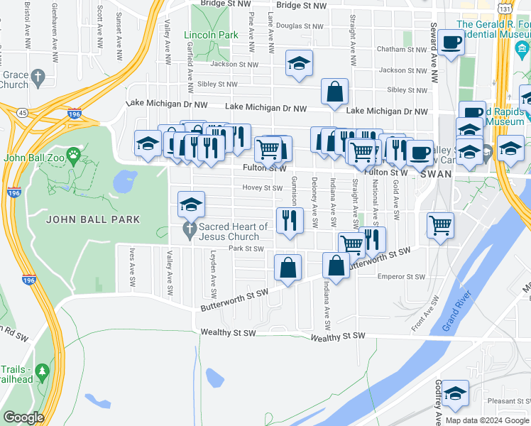 map of restaurants, bars, coffee shops, grocery stores, and more near 1010 Watson Street Southwest in Grand Rapids
