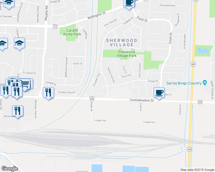 map of restaurants, bars, coffee shops, grocery stores, and more near 25 Turner Drive in Sarnia