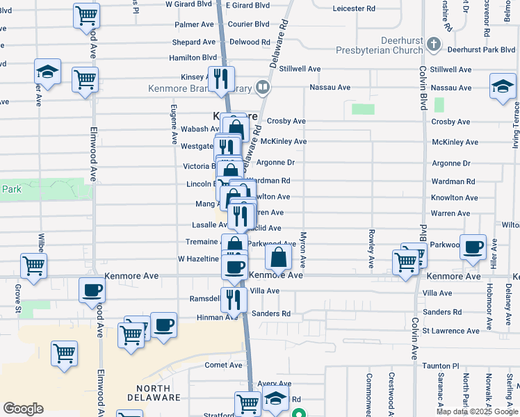 map of restaurants, bars, coffee shops, grocery stores, and more near 36 Warren Avenue in Kenmore