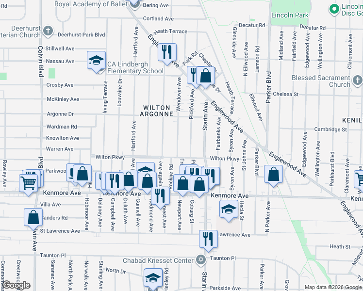 map of restaurants, bars, coffee shops, grocery stores, and more near 15 Wendover Avenue in Buffalo
