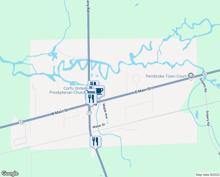 map of restaurants, bars, coffee shops, grocery stores, and more near 21 East Main Street in Corfu