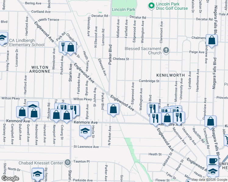 map of restaurants, bars, coffee shops, grocery stores, and more near 19 Midland Avenue in Buffalo