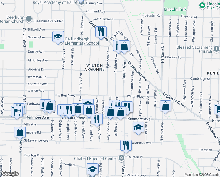 map of restaurants, bars, coffee shops, grocery stores, and more near 15 Wendover Avenue in Buffalo
